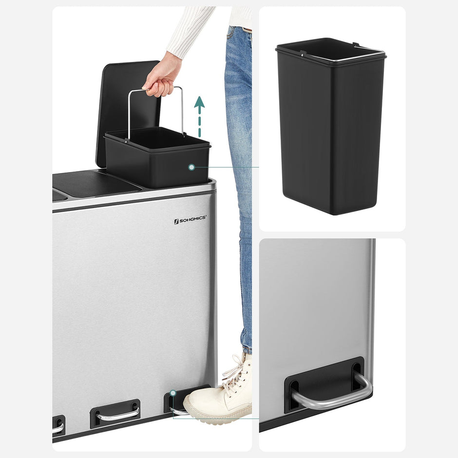 Müllbehälter - Abfalltrennung - 3 innere Eimer - 54 Liter - Silber