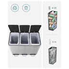 Müllbehälter - Abfalltrennung - 3 innere Eimer - 54 Liter - Silber