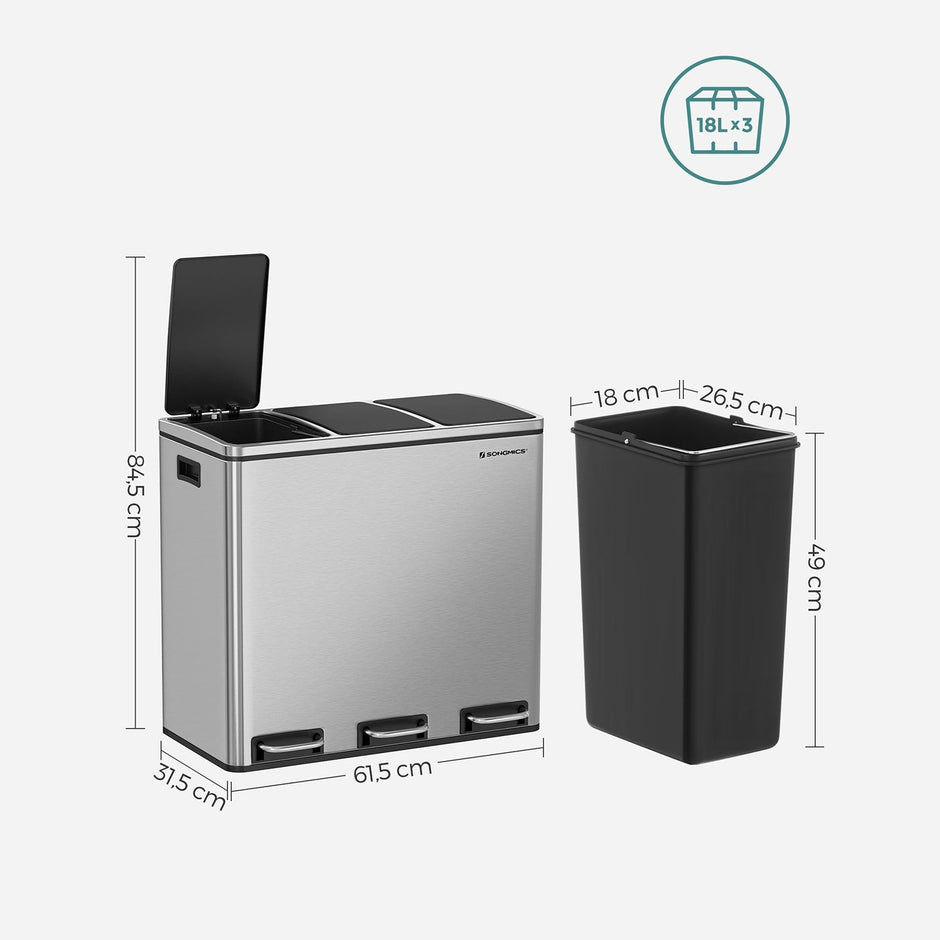 Müllbehälter - Abfalltrennung - 3 innere Eimer - 54 Liter - Silber