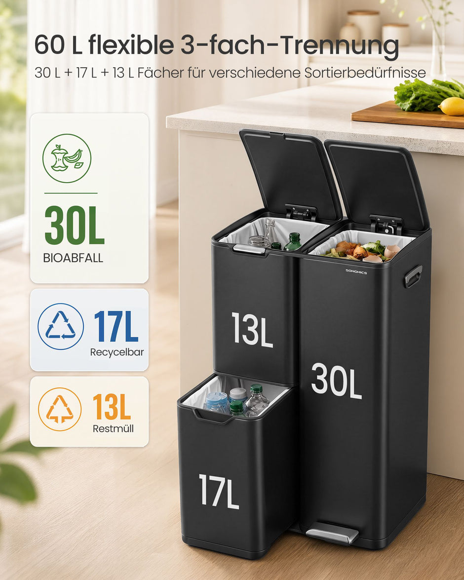 Pedaalemmer - Met Afvalscheiding en 3 Vakken - Zwart - 46,7 x 39 x 71,9 cm