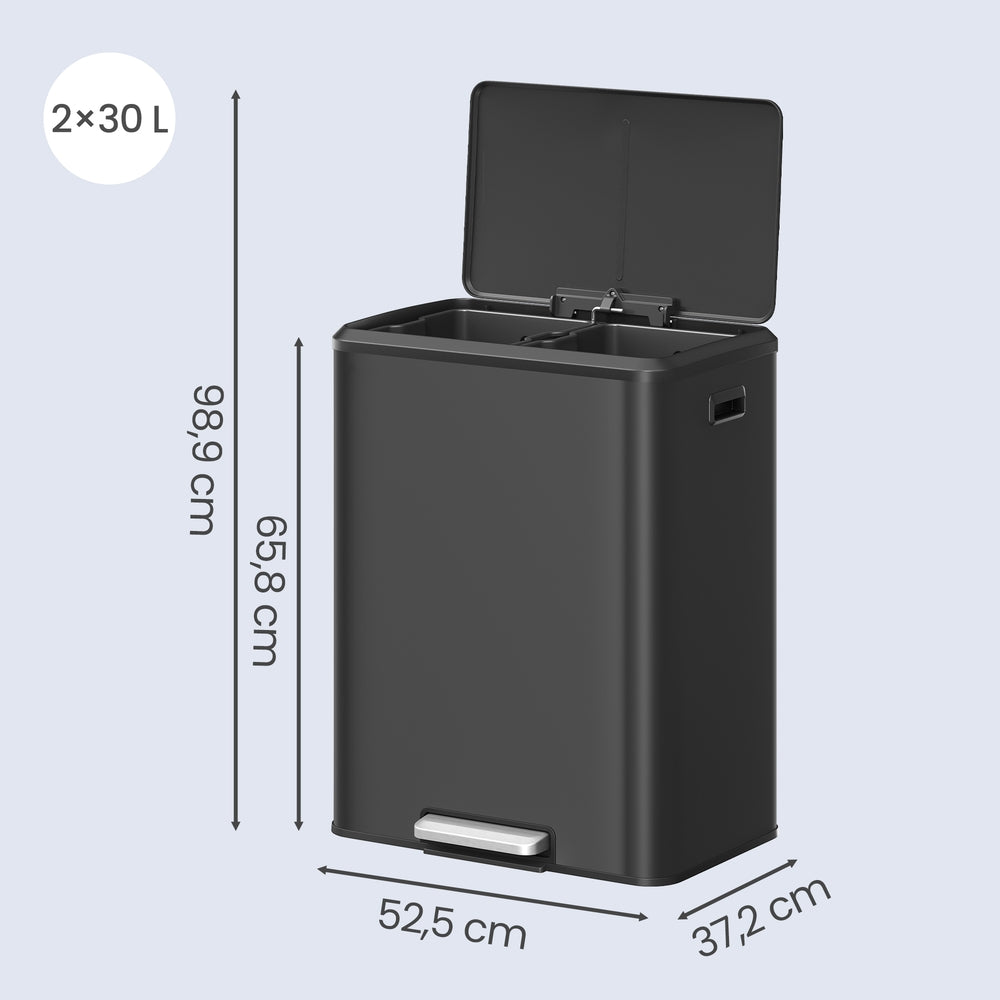 Pedaalemmer - Met Afvalscheiding en 3 Vakken - Zwart - 52,5 x 37,2 x 65,8 cm
