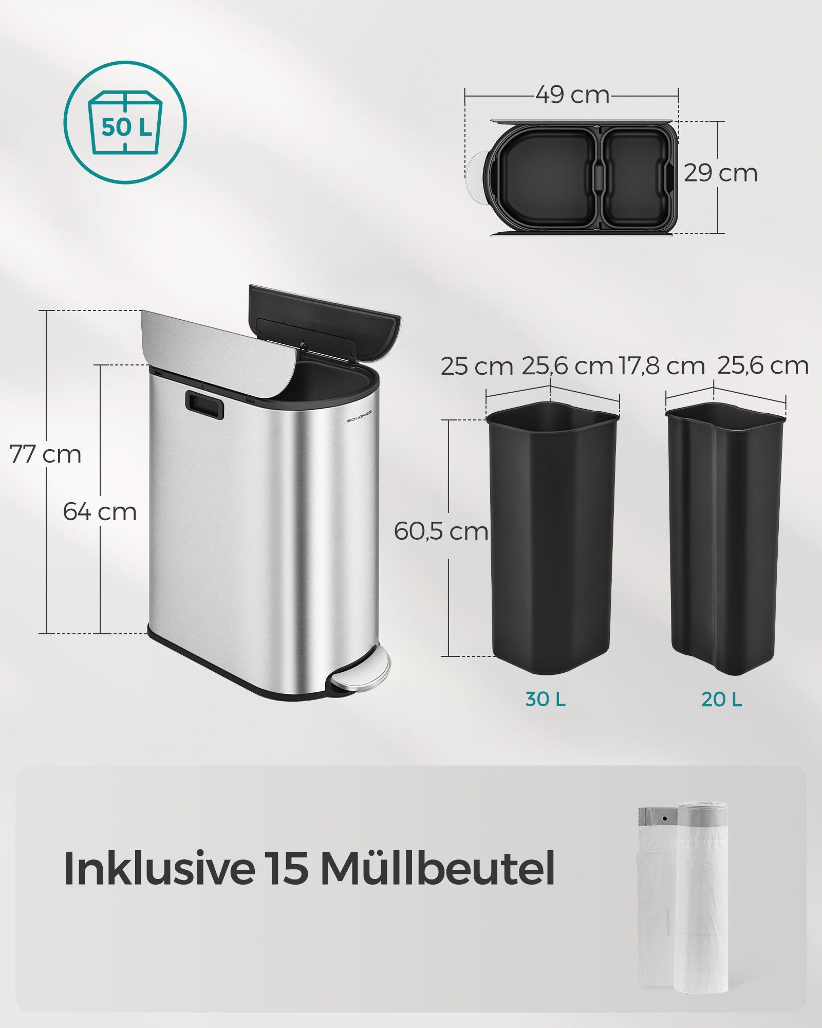 Abfalltrennsystem - mit 2 Kompartimenten - metallisches Silber