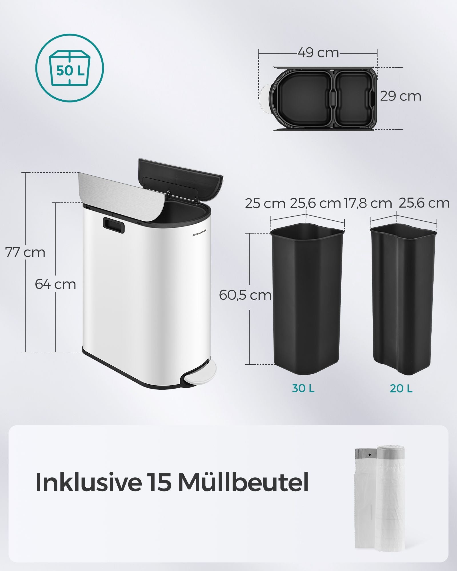 Abfalltrennsystem-2 Kompartimente-Wolkwit-Metall-Silber