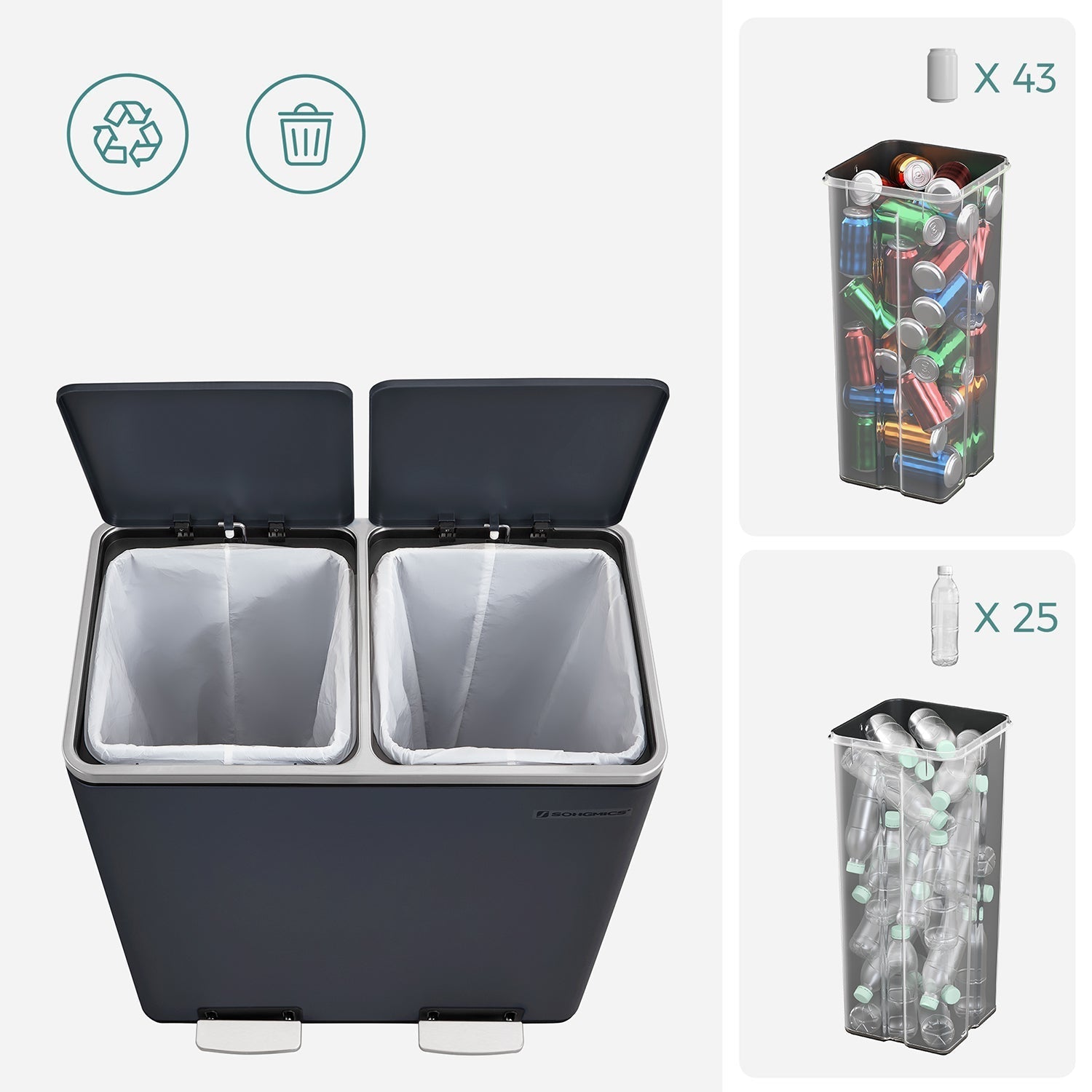 Abfallbehälter - Pedalbehälter mit 2 plastischen inneren Eimern - 2 x 30 l - Grau
