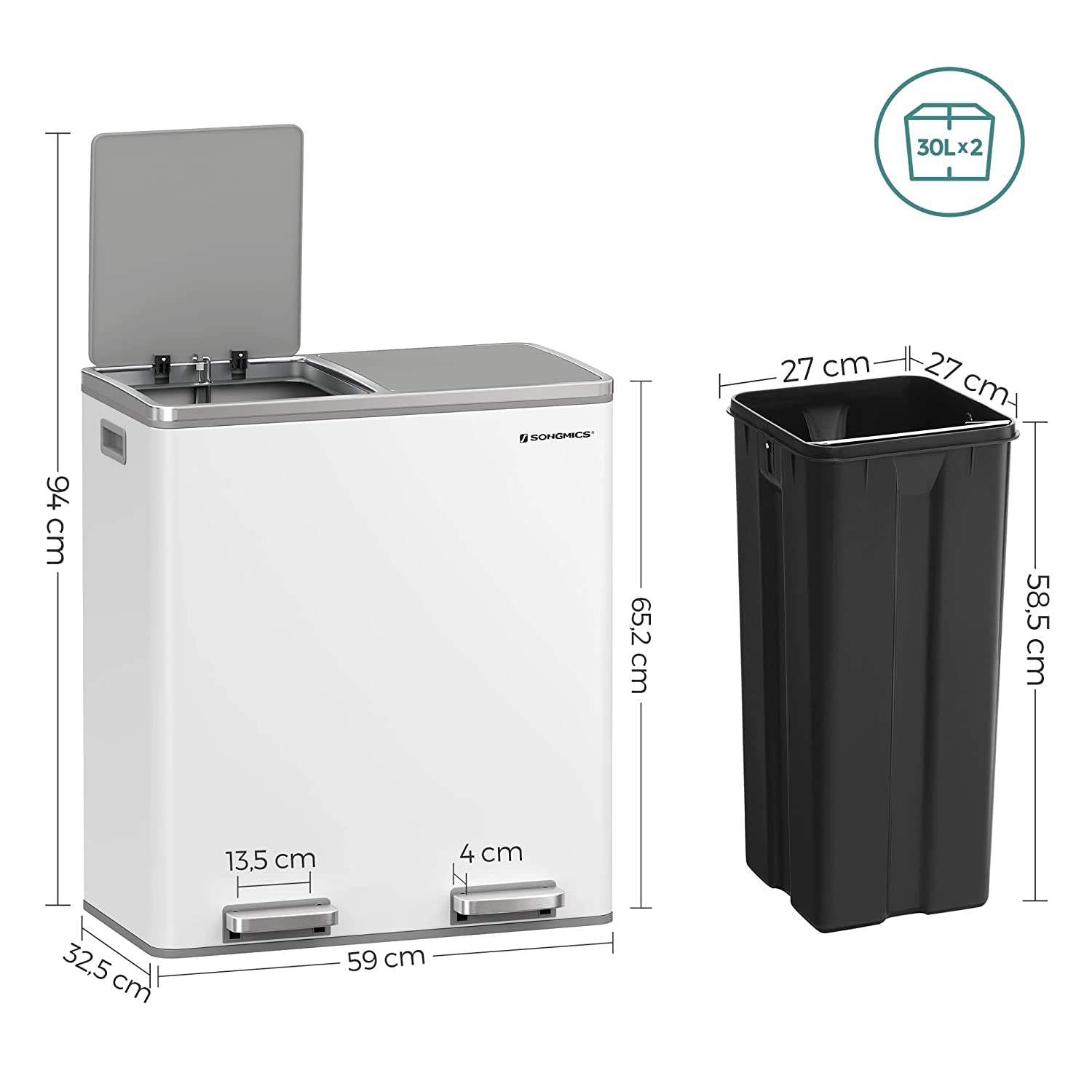 Abfallbehälter - mit 2 Kursen - 2 x 30 l - Softclose - Pedal - Weiß