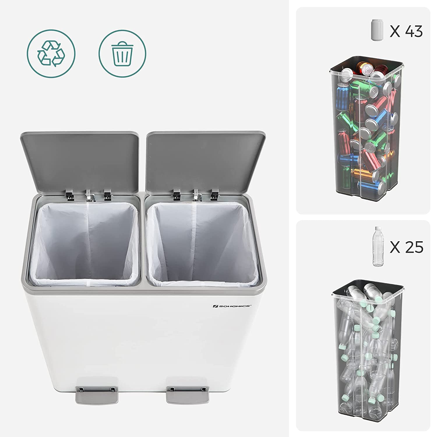 Abfallbehälter - mit 2 Kursen - 2 x 30 l - Softclose - Pedal - Weiß