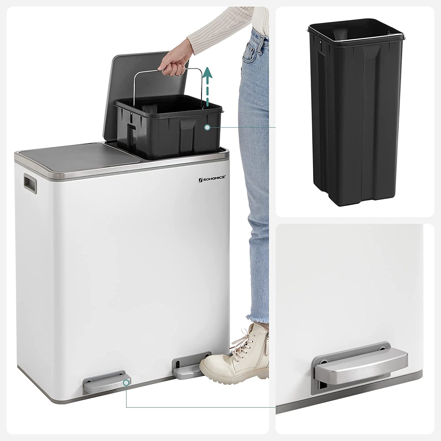 Abfallbehälter - mit 2 Kursen - 2 x 30 l - Softclose - Pedal - Weiß