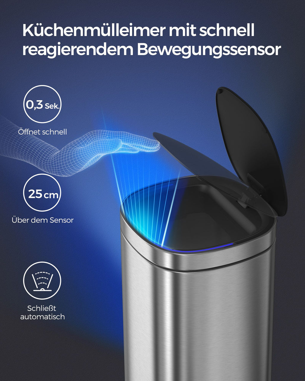 Müllbehälter - mit Bewegungssensor - Küche - 50 l - Silber
