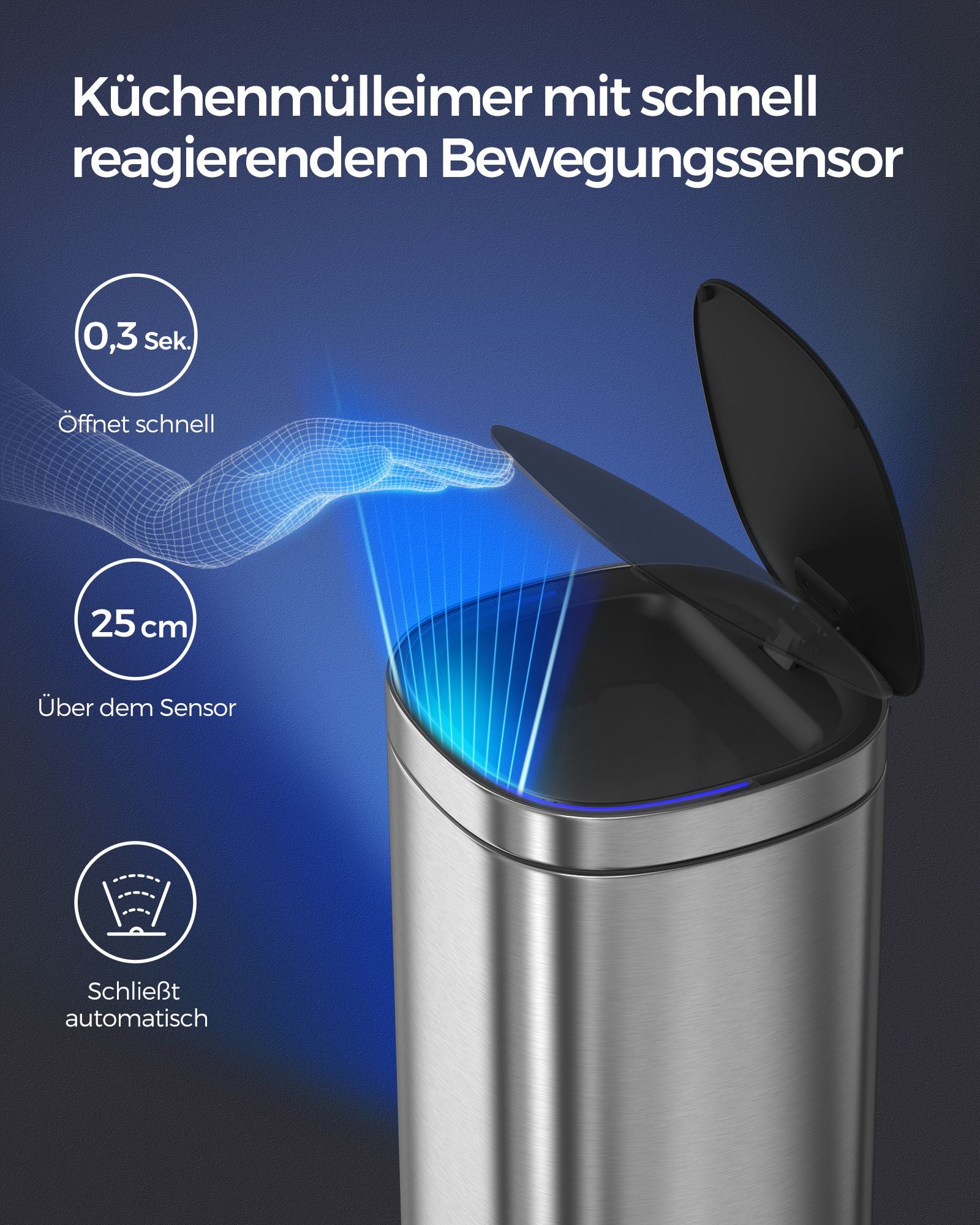 Müllbehälter - mit Bewegungssensor - Küche - 50 l - Silber