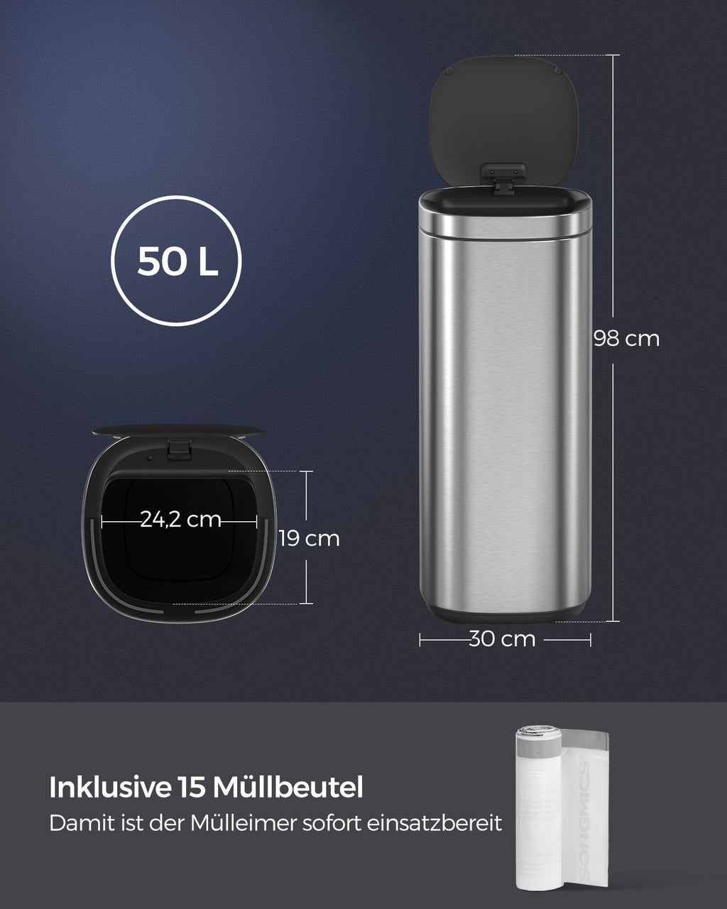 Müllbehälter - mit Bewegungssensor - Küche - 50 l - Silber