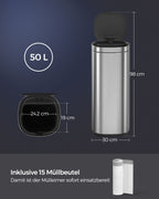 Müllbehälter - mit Bewegungssensor - Küche - 50 l - Silber