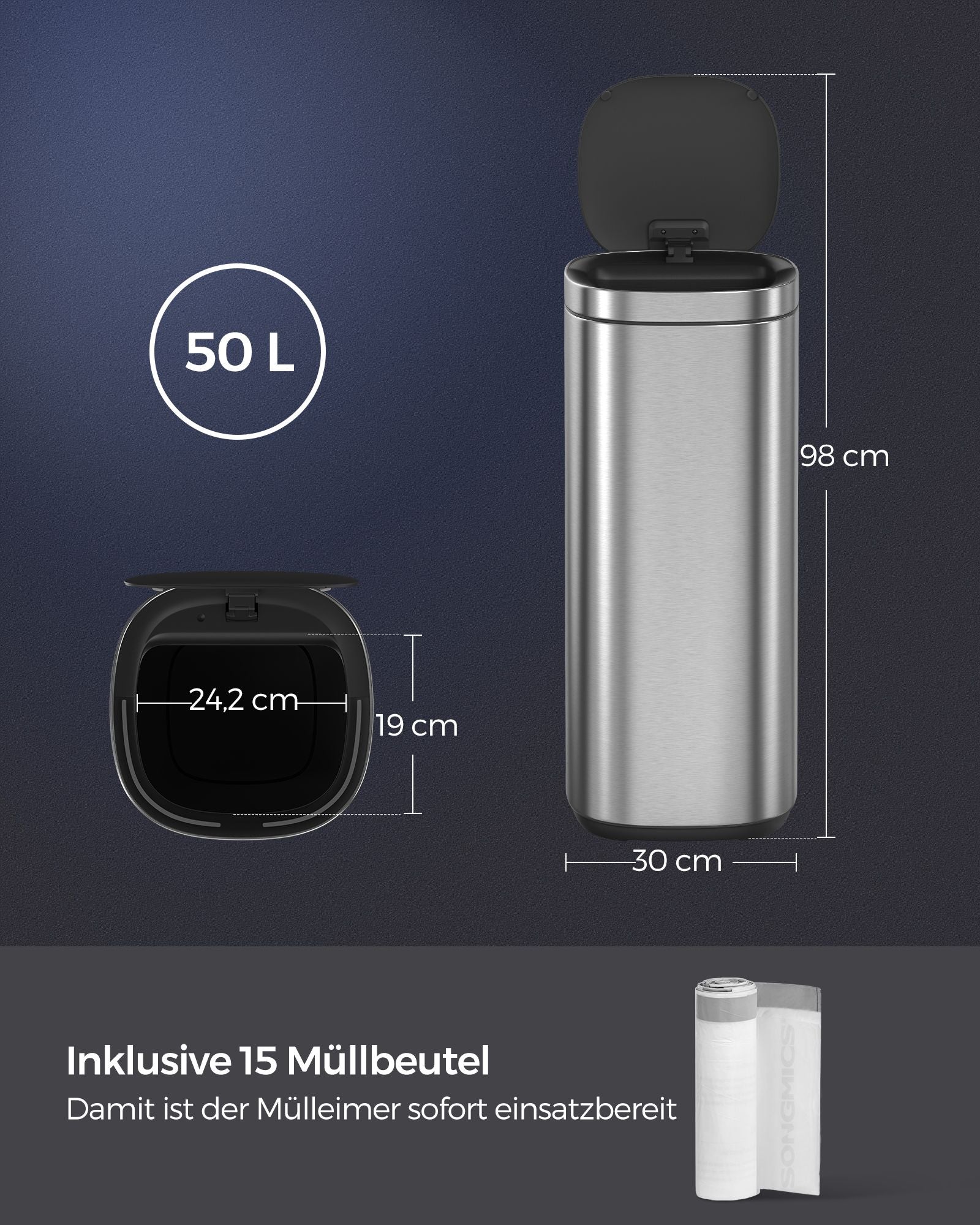 Müllbehälter - mit Bewegungssensor - Küche - 50 l - Silber