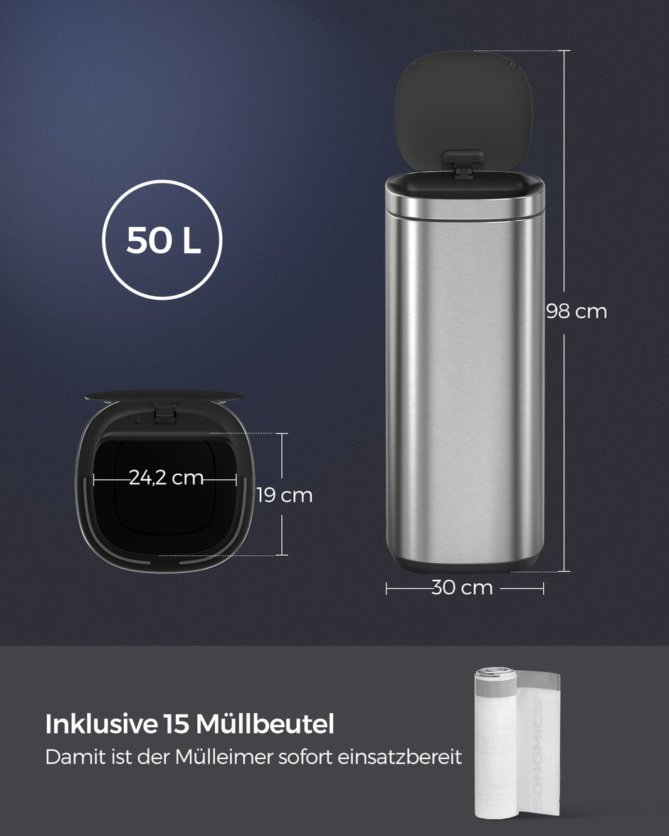 Müllbehälter - mit Bewegungssensor - Küche - 50 l - Silber