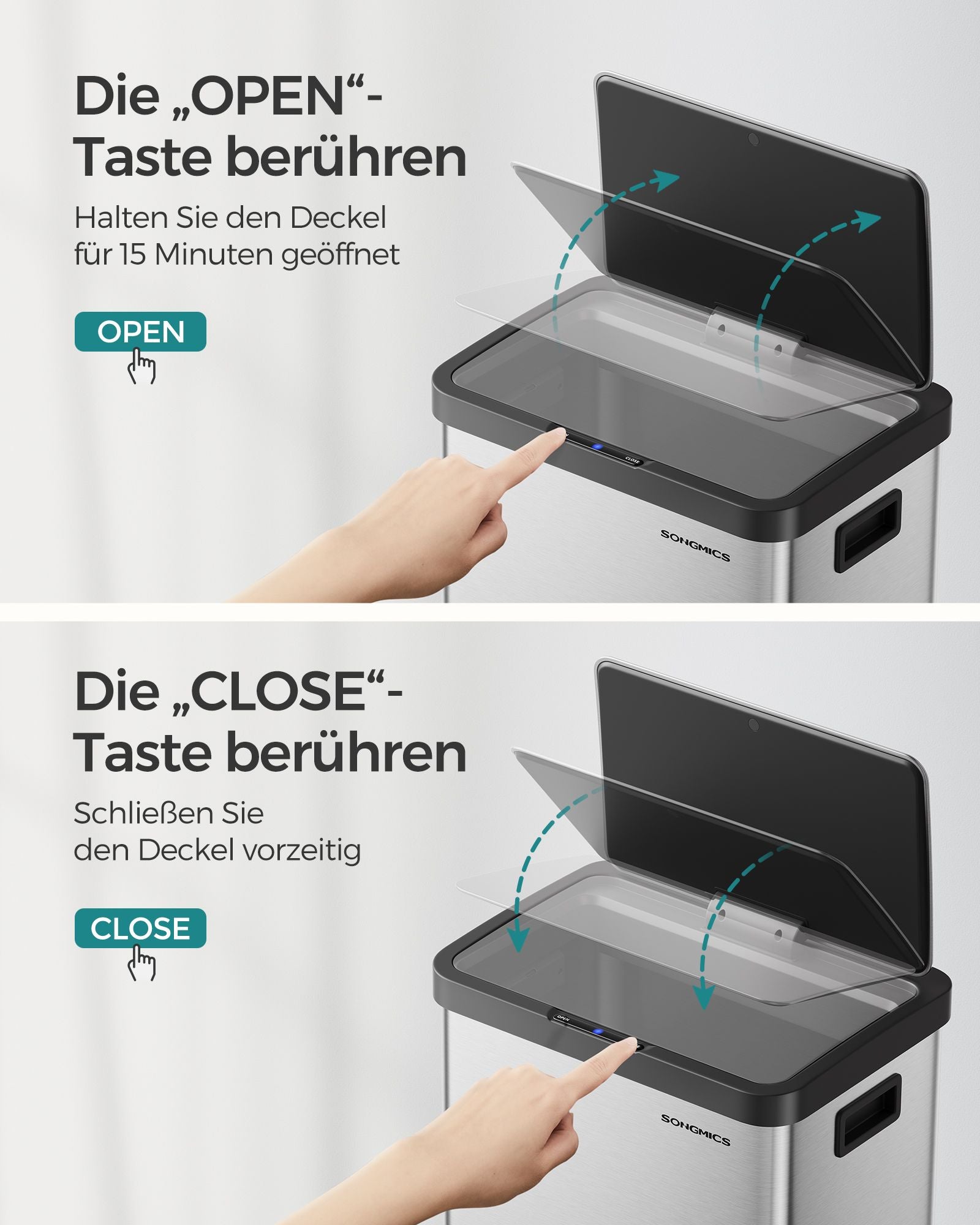 Müllbehälter mit Bewegungssensor aus Stahl metallisch Silber