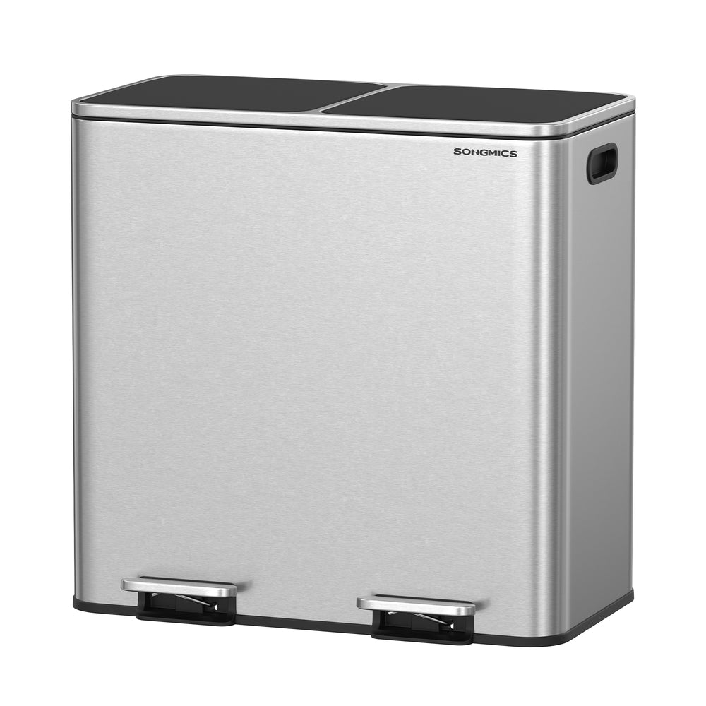 Prullenbak - 2 x 40 liter - 64,5 x 40,4 x 63,5 cm - 2 compartimenten - roestvrij staal en PP-kunststof - zilverzwart - met scharnierend deksel - soft-close - 10,6 kg