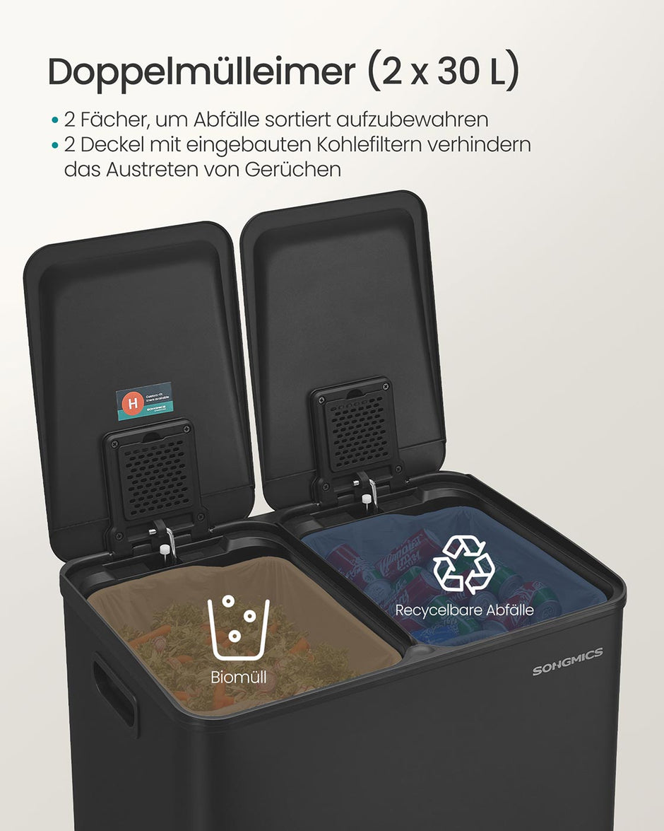 Küche Prullen Bin - 2 Fächer - Soft -Close Deckel - Stahl