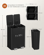 Küche Prullen Bin - 2 Fächer - Soft -Close Deckel - Stahl