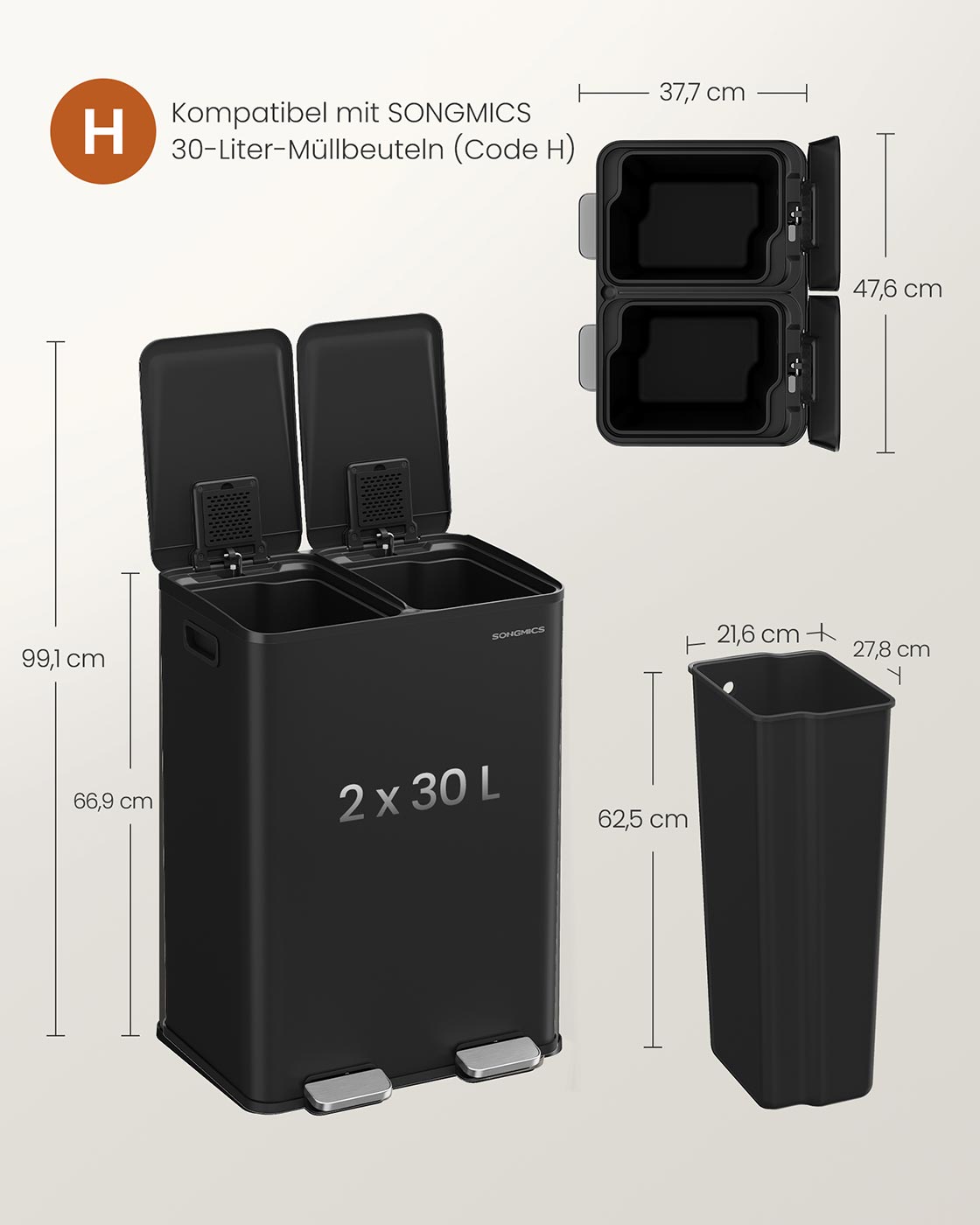 Küche Prullen Bin - 2 Fächer - Soft -Close Deckel - Stahl