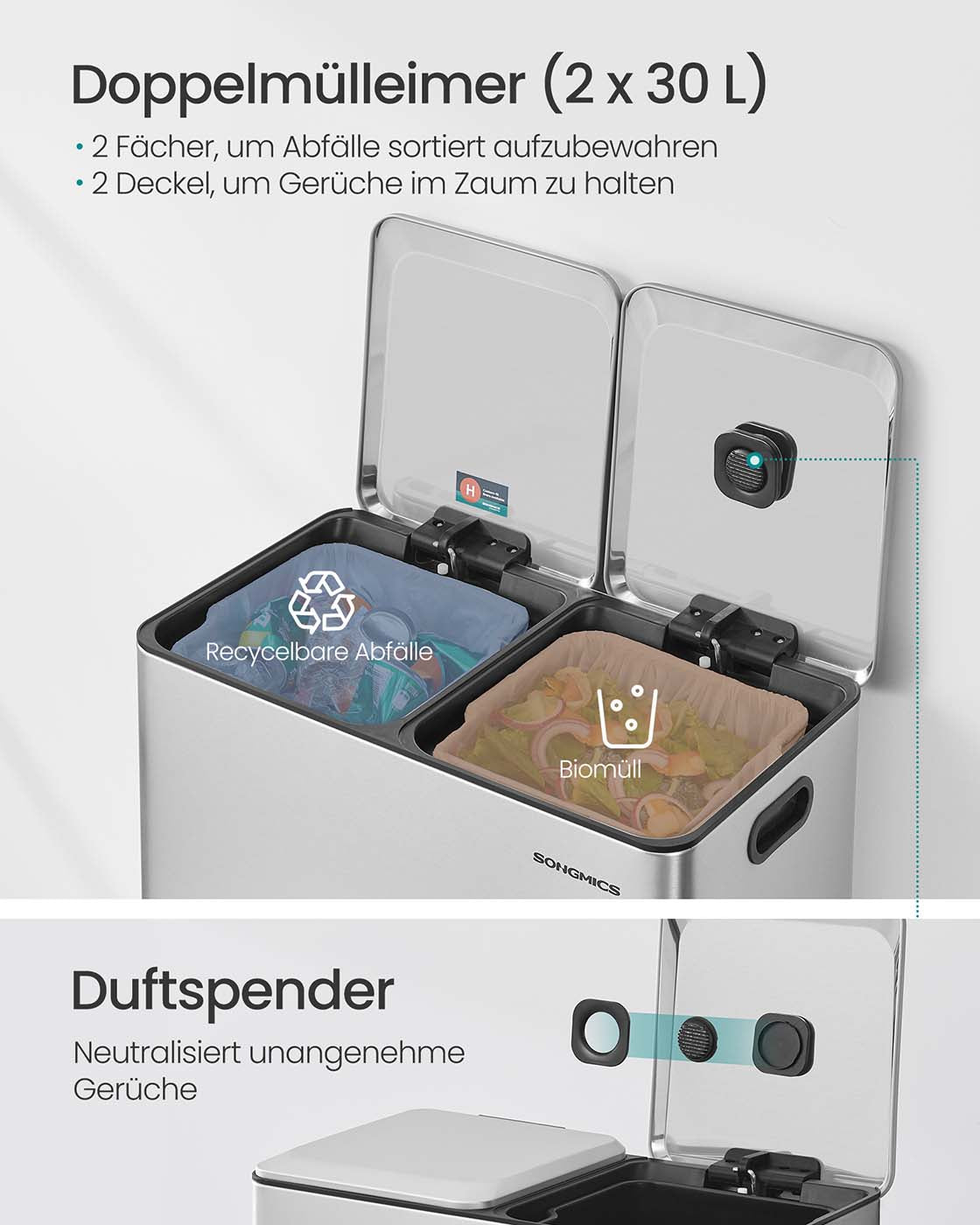 Prullenbak met 2 x 30 L compartimenten – Softclose deksel – Uitneembare binnenemmers