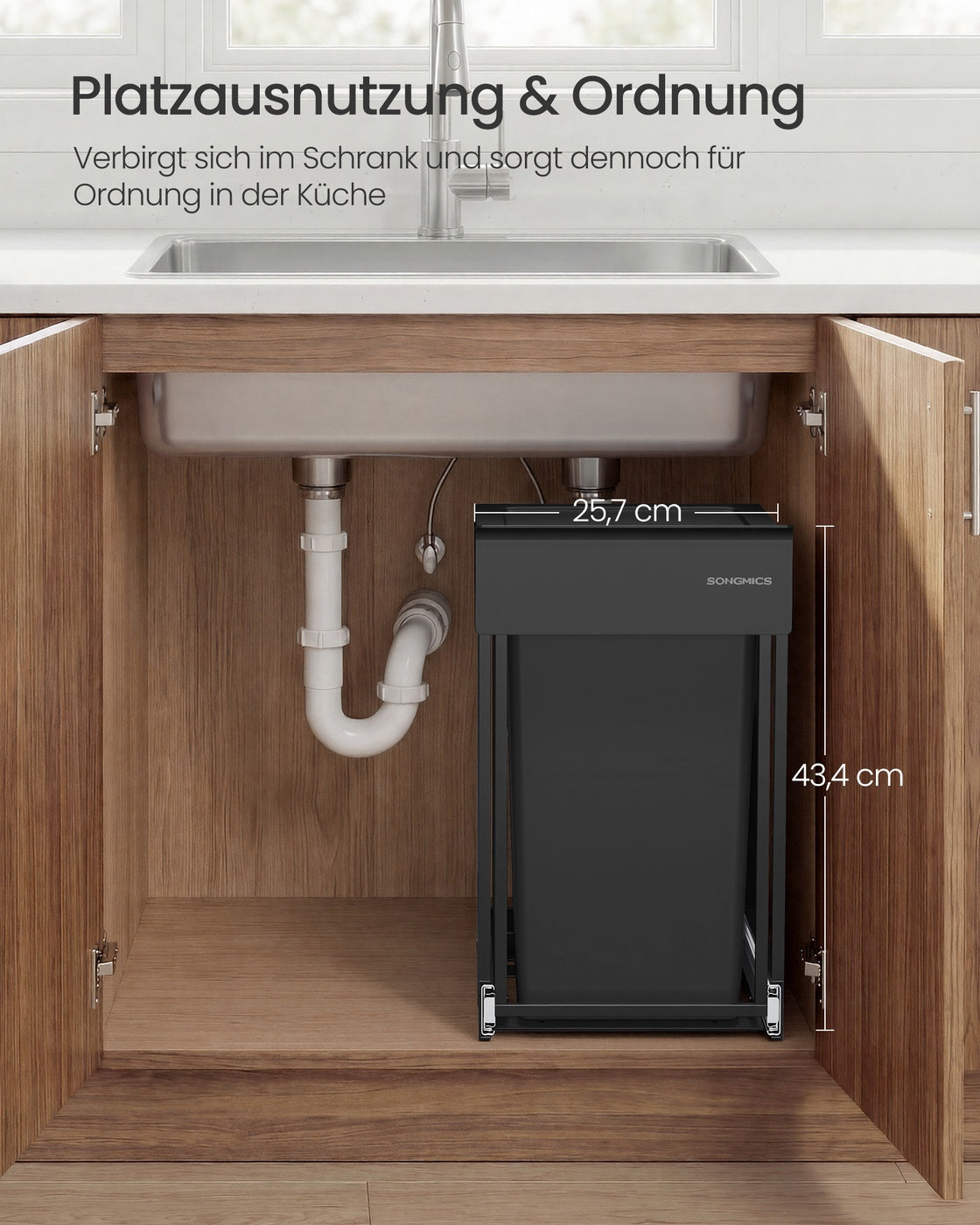 Afvalbak - 34,7 x 25,7 x 43,4 cm - 20 liter - uitschuifbaar - stalen frame - ABS deksel - inktzwart