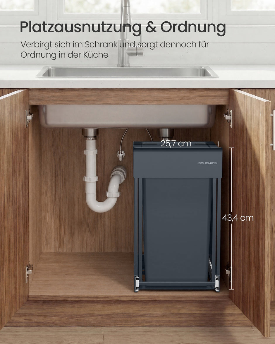 Afvalbak - 34,7 x 25,7 x 43,4 cm - 20 liter - uitschuifbaar - stalen frame - ABS-deksel - grijs