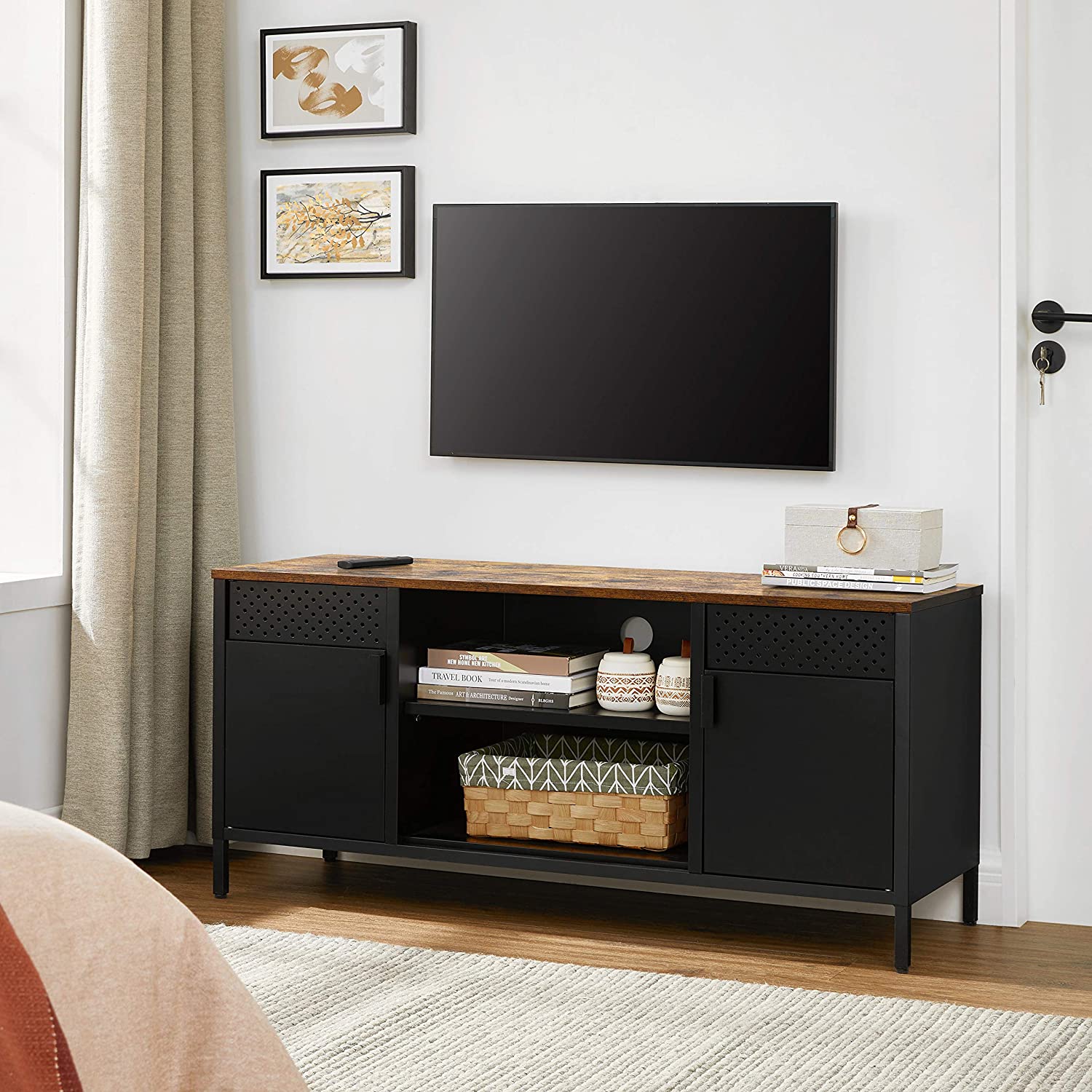 TV -Schrank - TV -Möbel - mit verstellbaren Regalen - aus Metall mit Holzoberteil - 2 Schränken - schwarz