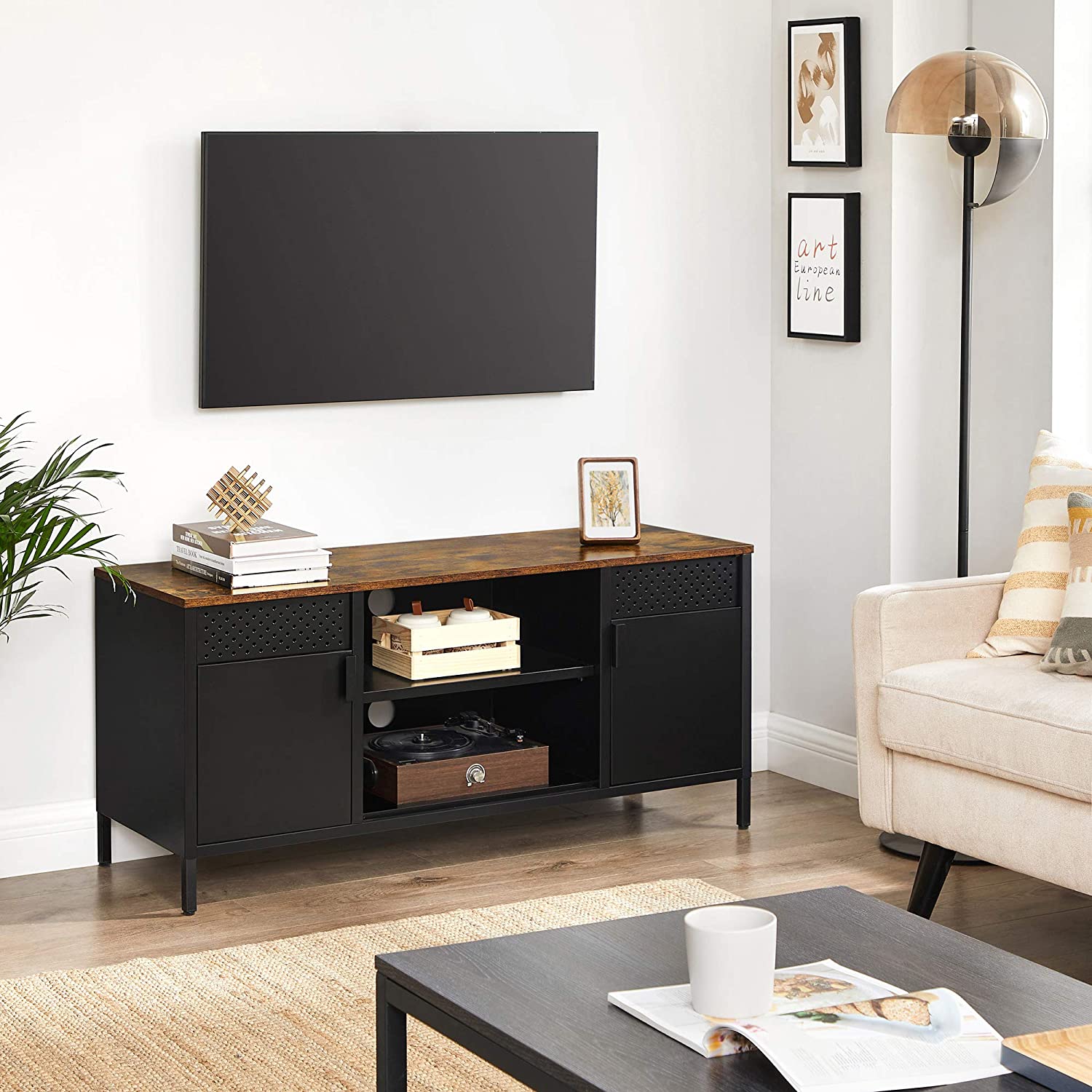 TV -Schrank - TV -Möbel - mit verstellbaren Regalen - aus Metall mit Holzoberteil - 2 Schränken - schwarz