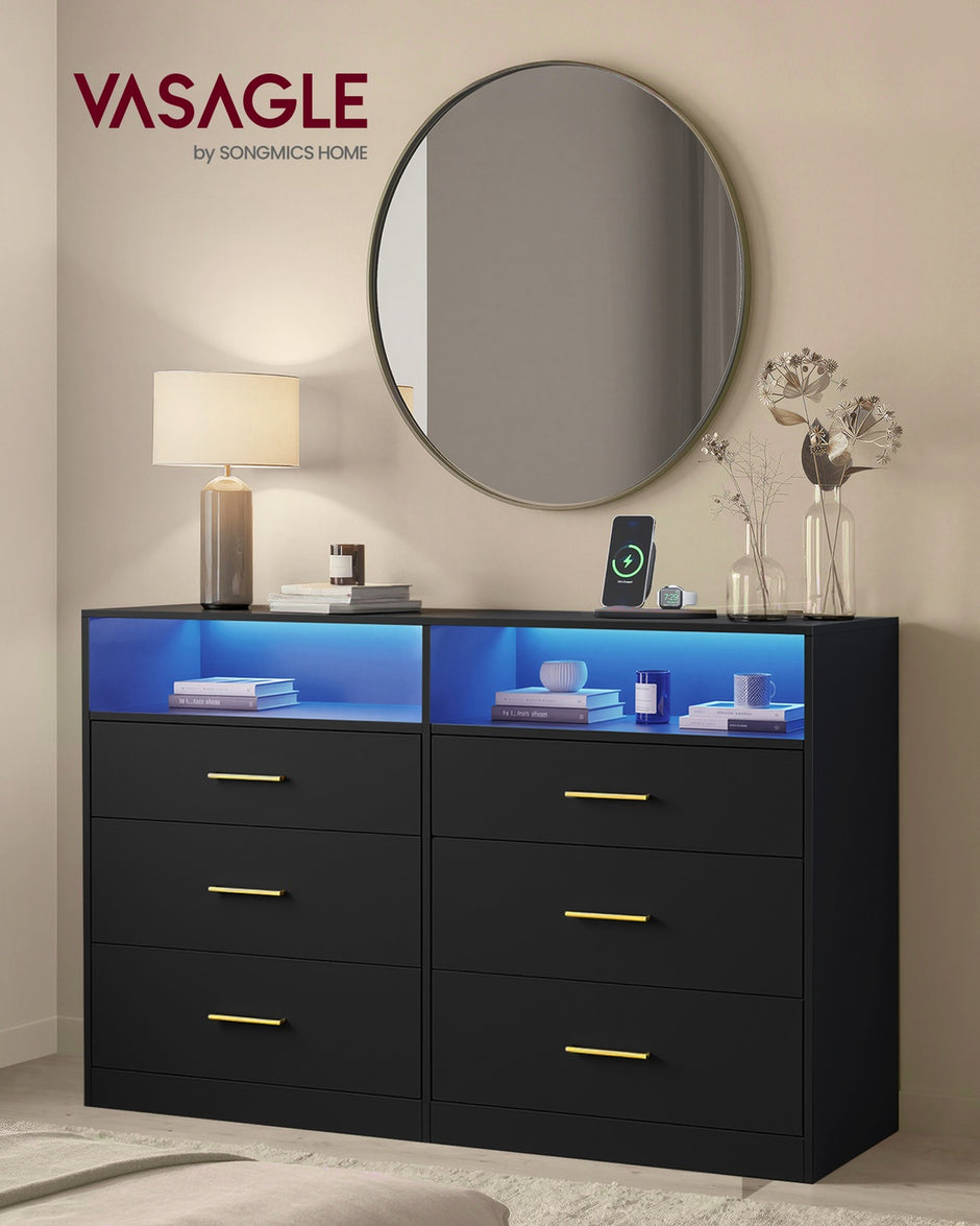 Commode - 40 x 119 x 81,2 cm - met ledverlichting en stekkerdoos - inktzwart - maximaal 75 kg bovenpaneelbelasting - maximaal 10 kg per lade