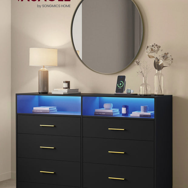 Commode - 40 x 119 x 81,2 cm - met ledverlichting en stekkerdoos - inktzwart - maximaal 75 kg bovenpaneelbelasting - maximaal 10 kg per lade