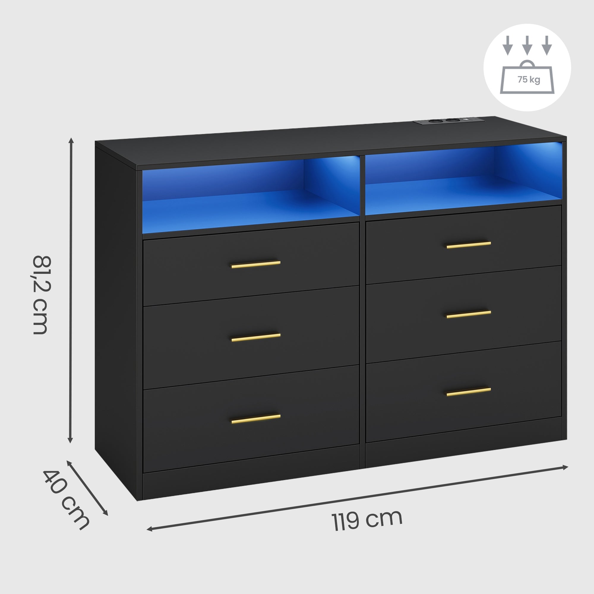 Commode - 6 Lades - Ledverlichting - Met Oplaadstation - Zwart