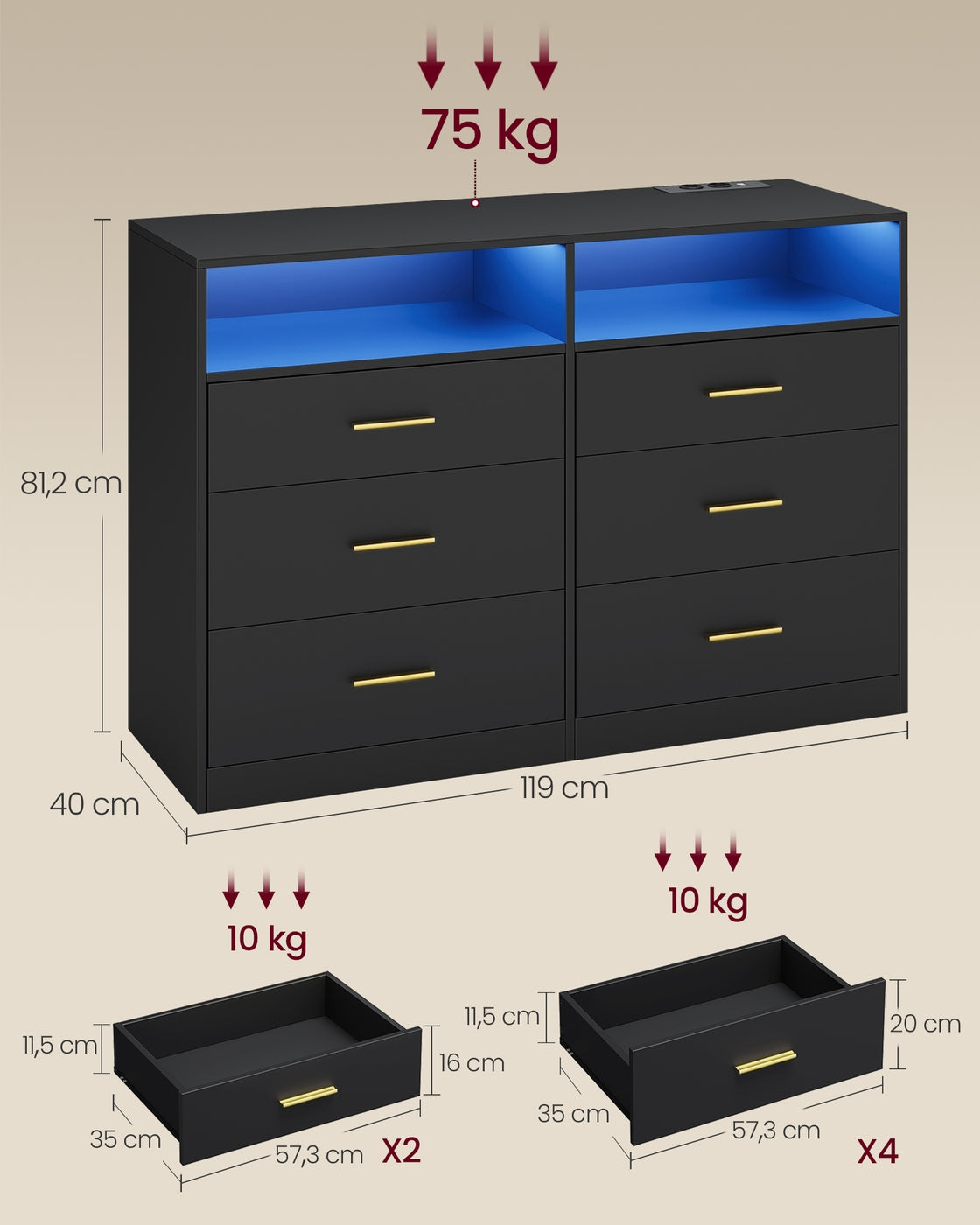 Commode - 40 x 119 x 81,2 cm - met ledverlichting en stekkerdoos - inktzwart - maximaal 75 kg bovenpaneelbelasting - maximaal 10 kg per lade