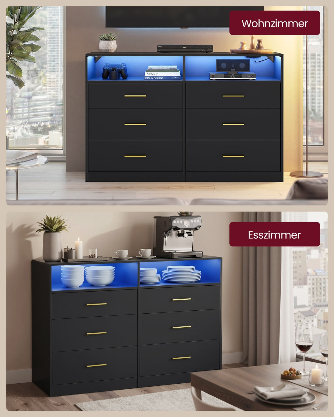 Commode - 40 x 119 x 81,2 cm - met ledverlichting en stekkerdoos - inktzwart - maximaal 75 kg bovenpaneelbelasting - maximaal 10 kg per lade