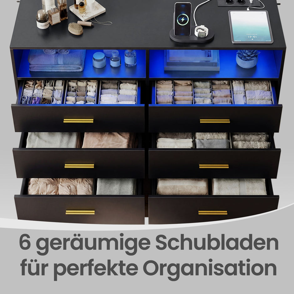 Commode - 6 Lades - Ledverlichting - Met Oplaadstation - Zwart