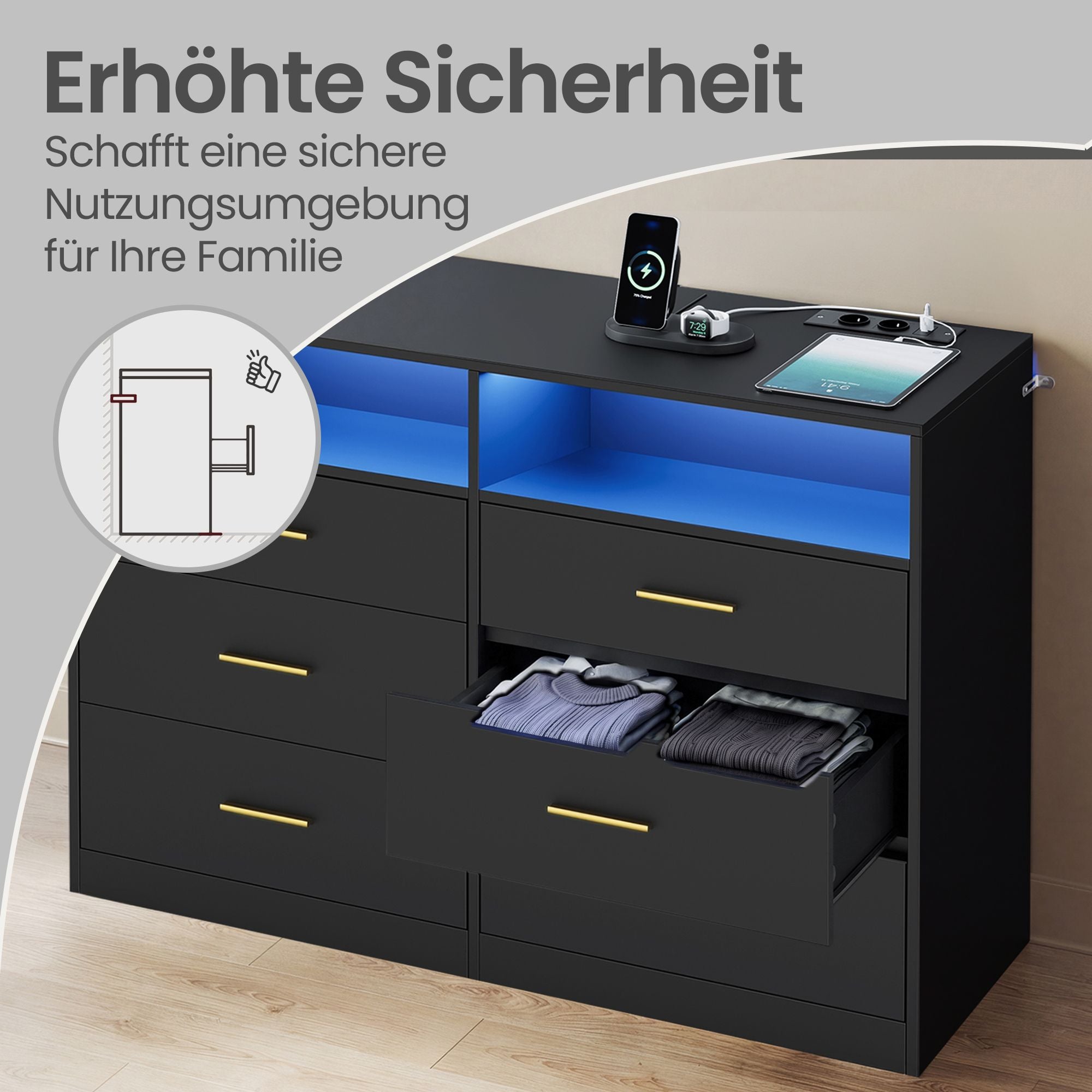 Commode - 6 Lades - Ledverlichting - Met Oplaadstation - Zwart
