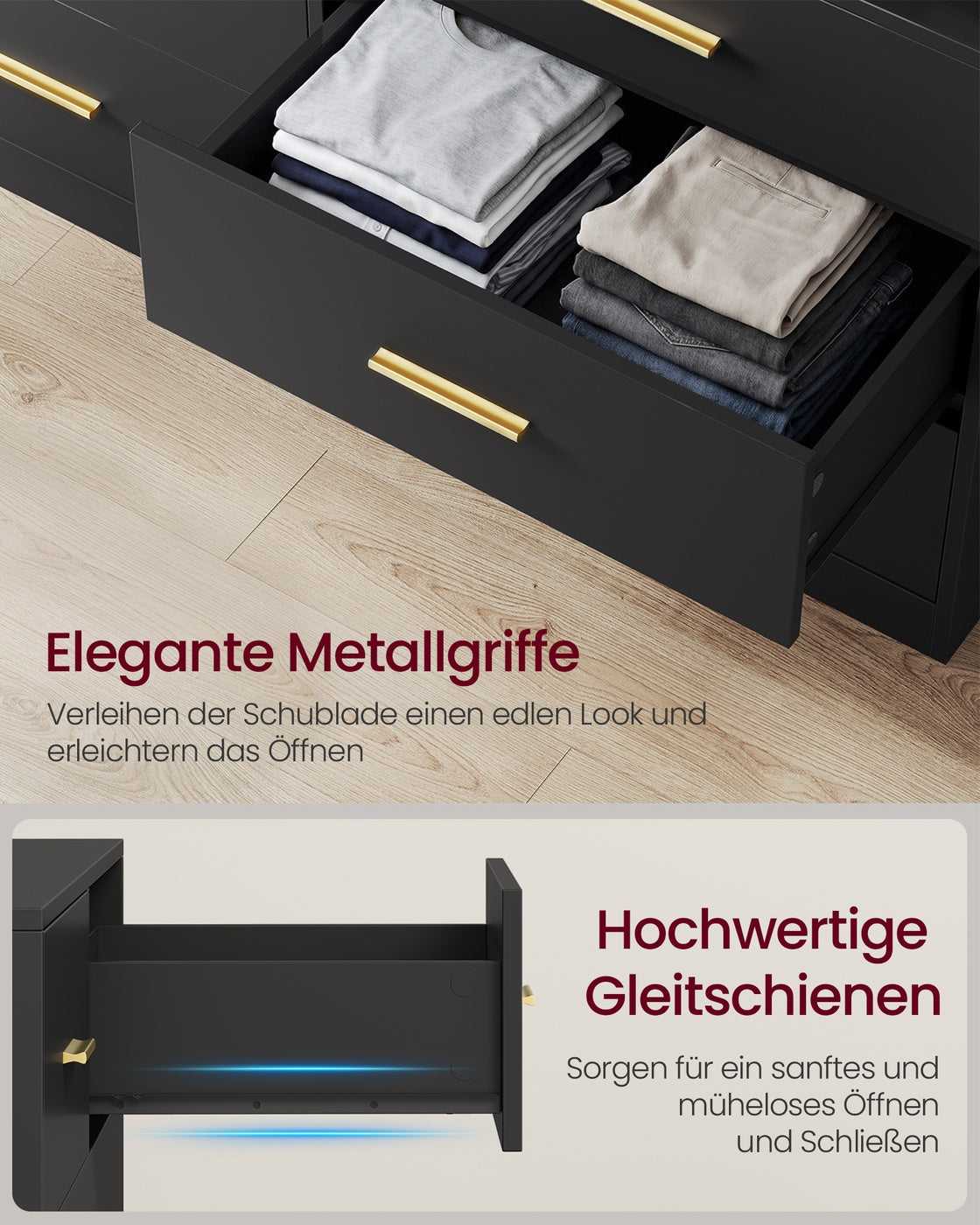 Commode - 40 x 119 x 81,2 cm - met ledverlichting en stekkerdoos - inktzwart - maximaal 75 kg bovenpaneelbelasting - maximaal 10 kg per lade