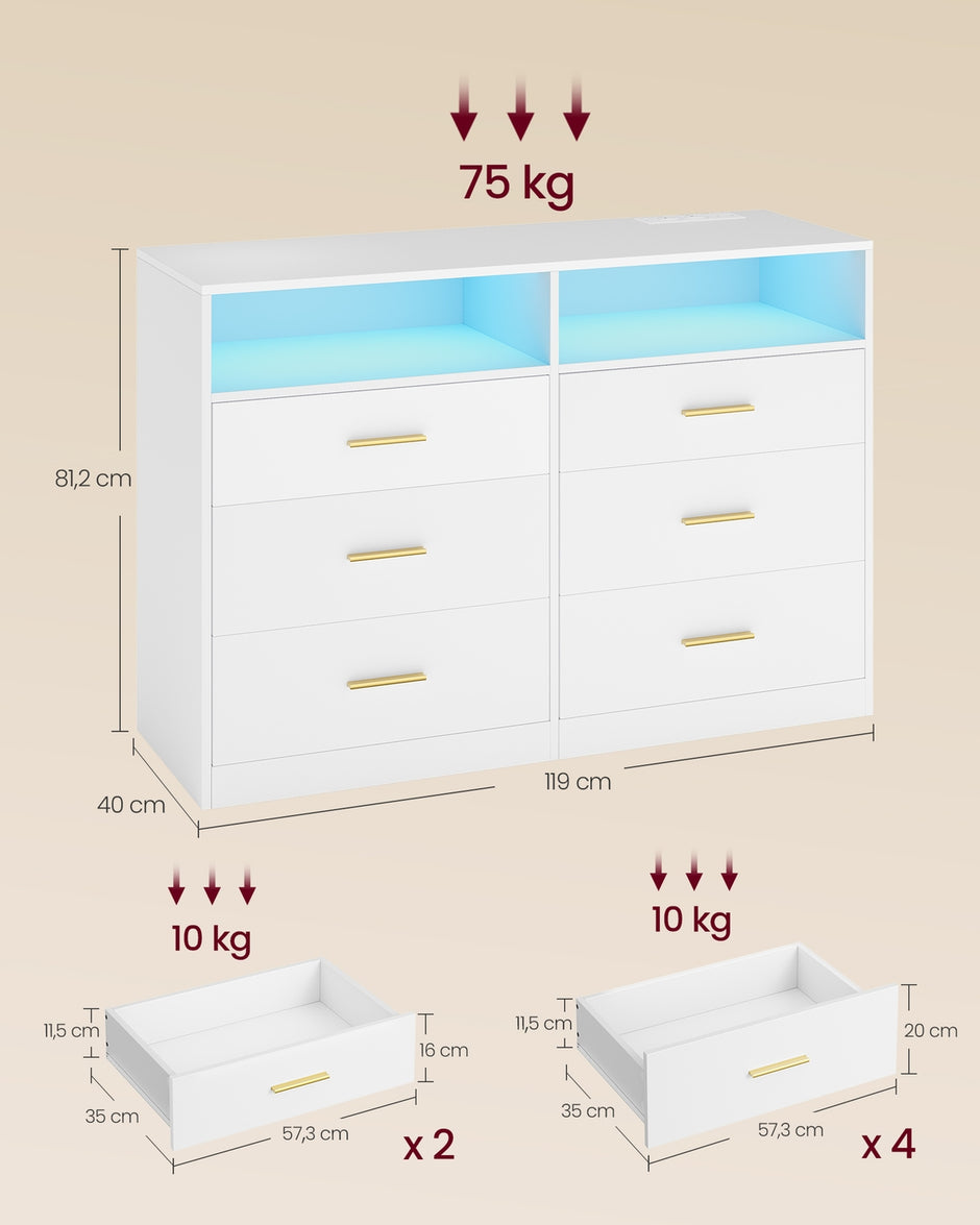 Commode - 40 x 119 x 81,2 cm - Wolkenwit - 10 kg per lade - 75 kg bovenpaneel - 39,9 kg