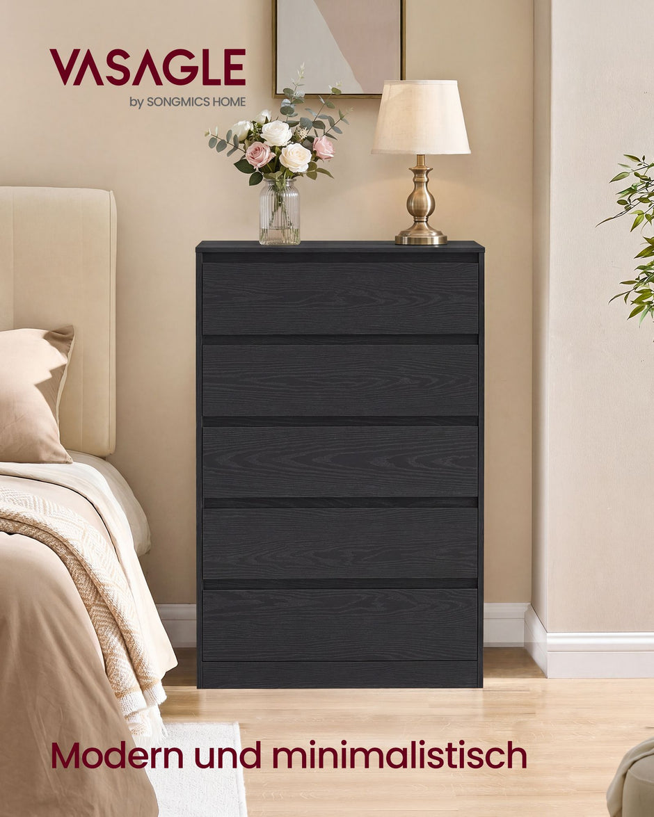 Ladekast – 5 Lades – Modern en Minimalistisch – 60 x 40 x 97,4 cm – Ebbenzwart
