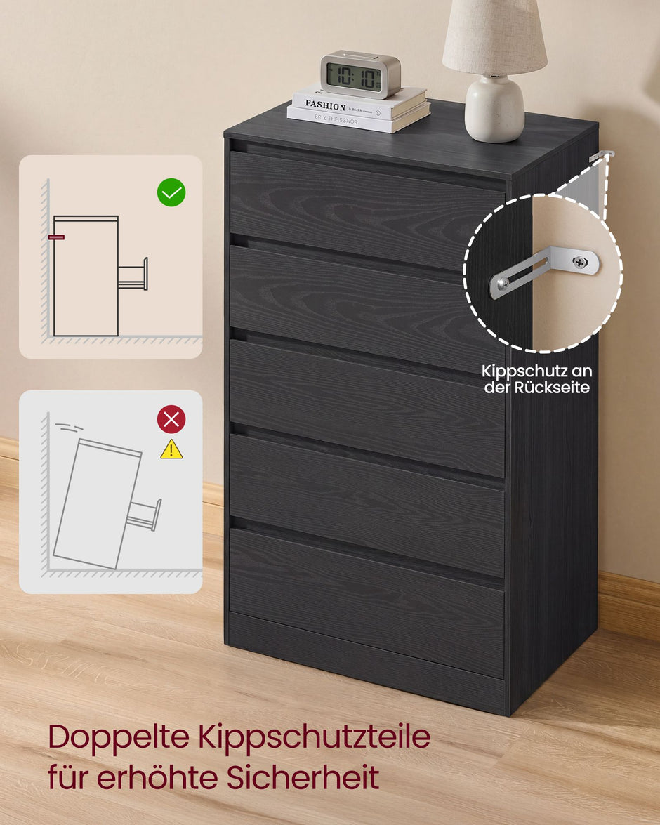 Ladekast – 5 Lades – Modern en Minimalistisch – 60 x 40 x 97,4 cm – Ebbenzwart