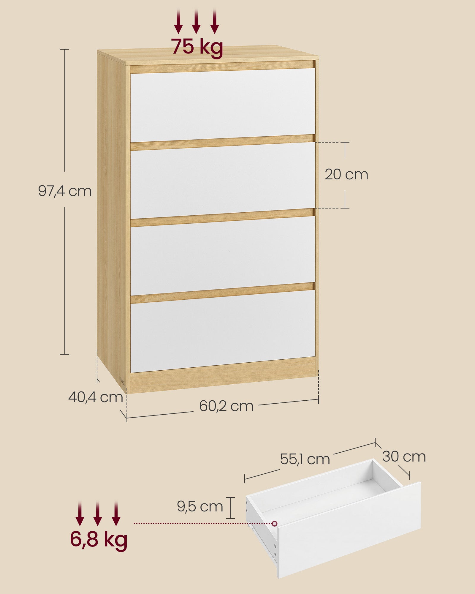 Nachtkastje - Met Lade - Eikenbeige en wolkwit - 60,2 x 40,4 x 97,4 cm
