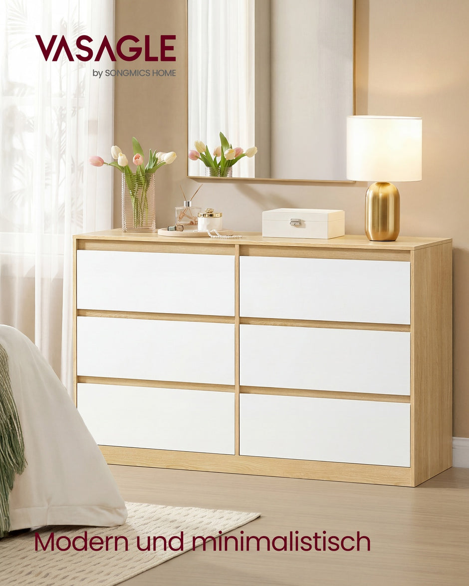 Commode - 6 Lades - Modern - 119 cm Breed - Amandelgeel-Wit
