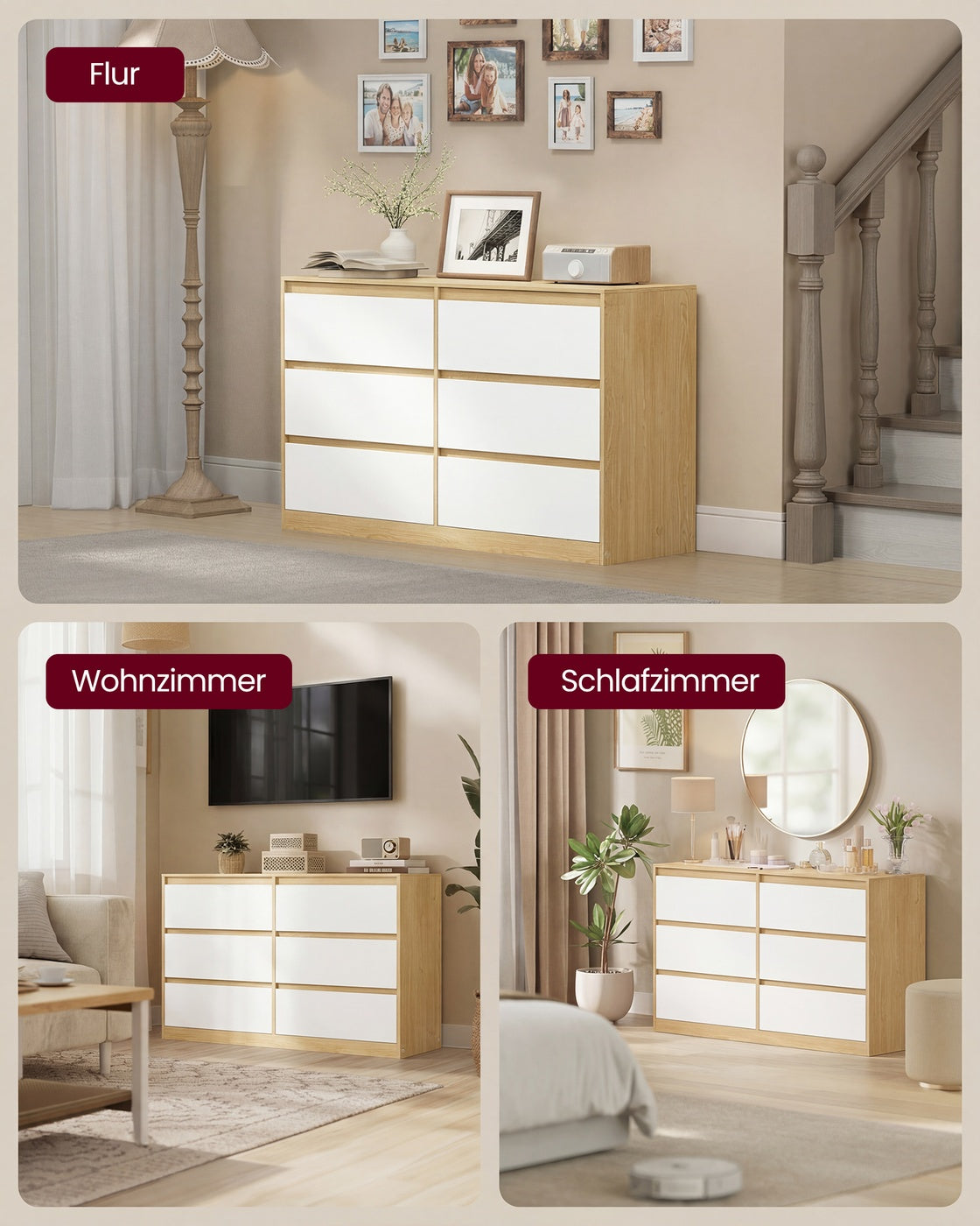 Commode - 6 Lades - Modern - 119 cm Breed - Amandelgeel-Wit