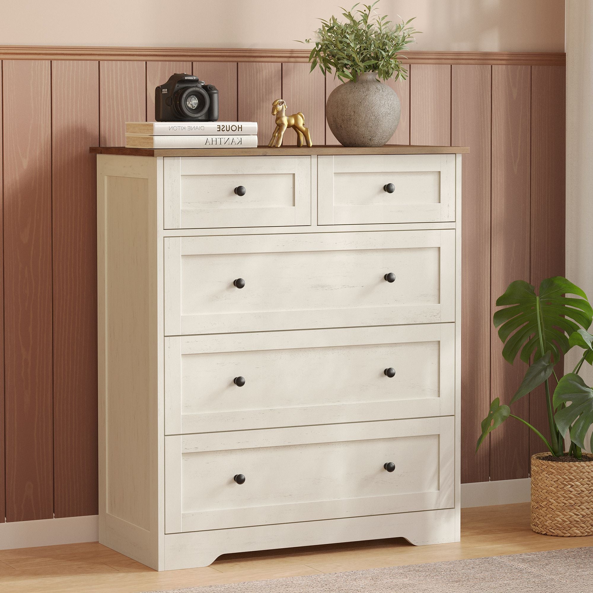 Commode - 5 Lades - Landelijke Stijl - 80 cm Breed - Vintage Wit-Honingbruin