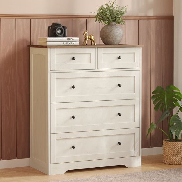 Commode - 5 Lades - Landelijke Stijl - 80 cm Breed - Vintage Wit-Honingbruin