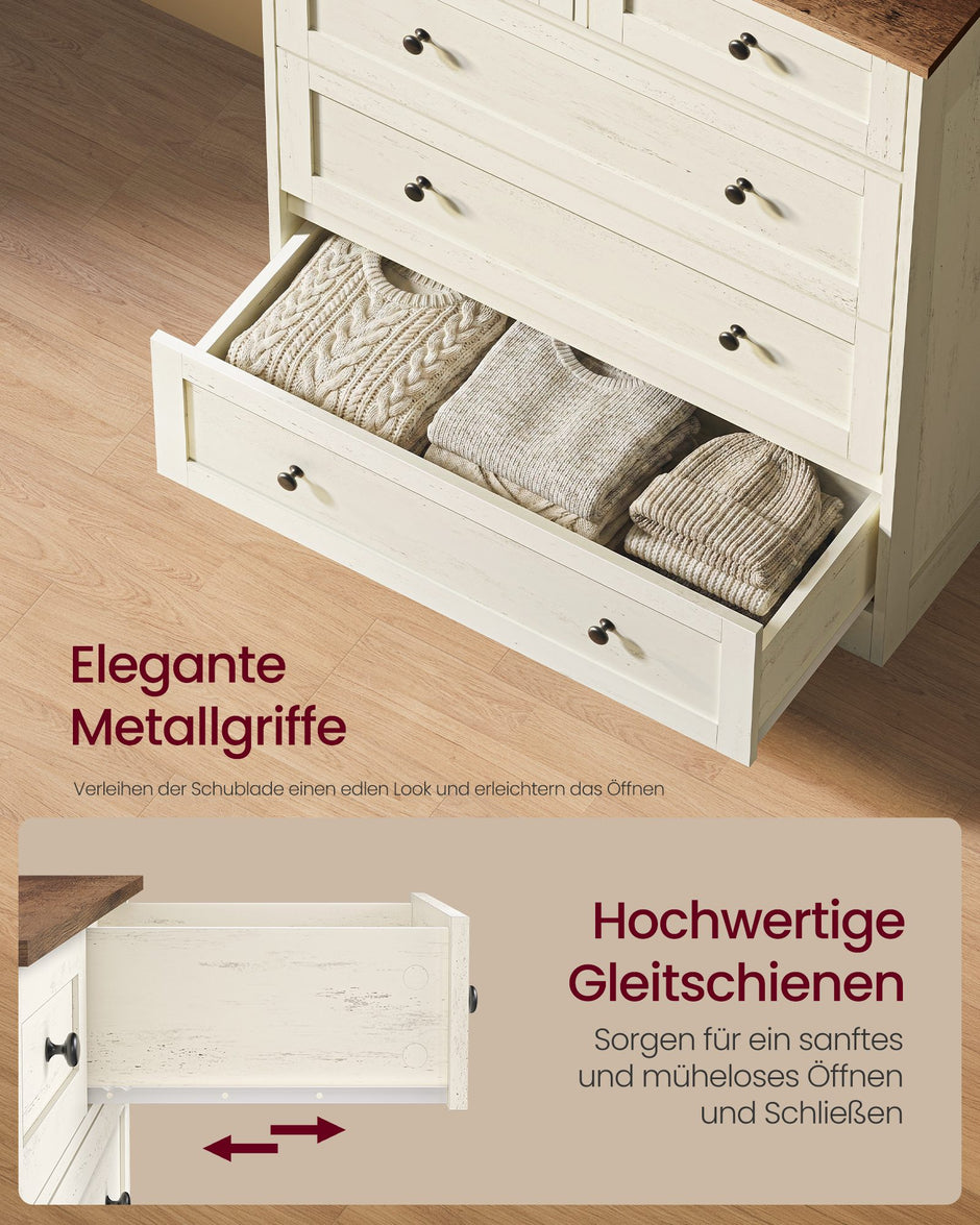 Commode - 5 Lades - Landelijke Stijl - 80 cm Breed - Vintage Wit-Honingbruin