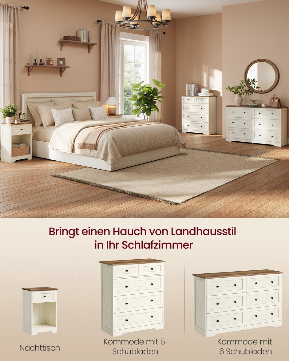 Commode - 5 Lades - Landelijke Stijl - 80 cm Breed - Vintage Wit-Honingbruin