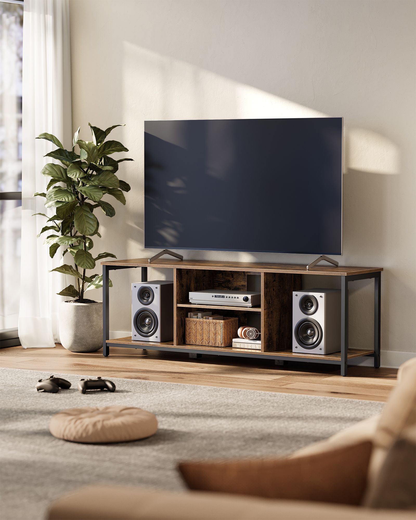 TV-Möbel mit offenen Fächern, die für Fernseher bis zu 65 Zoll möglich sind