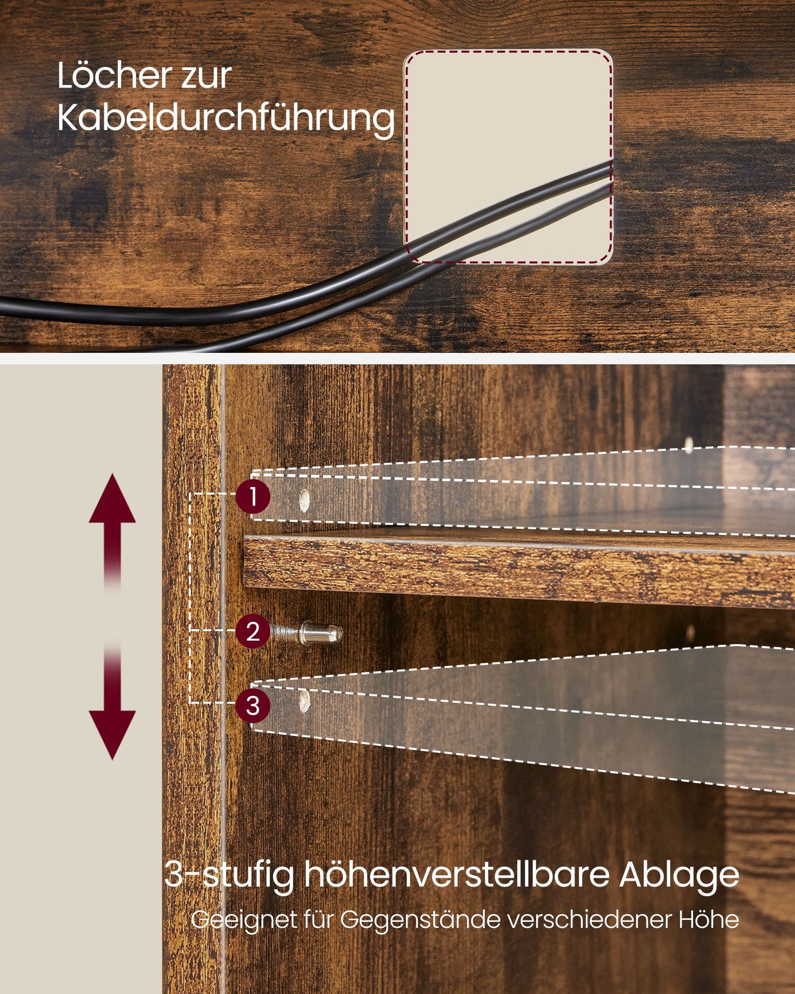 TV-Möbel mit offenen Fächern, die für Fernseher bis zu 65 Zoll möglich sind