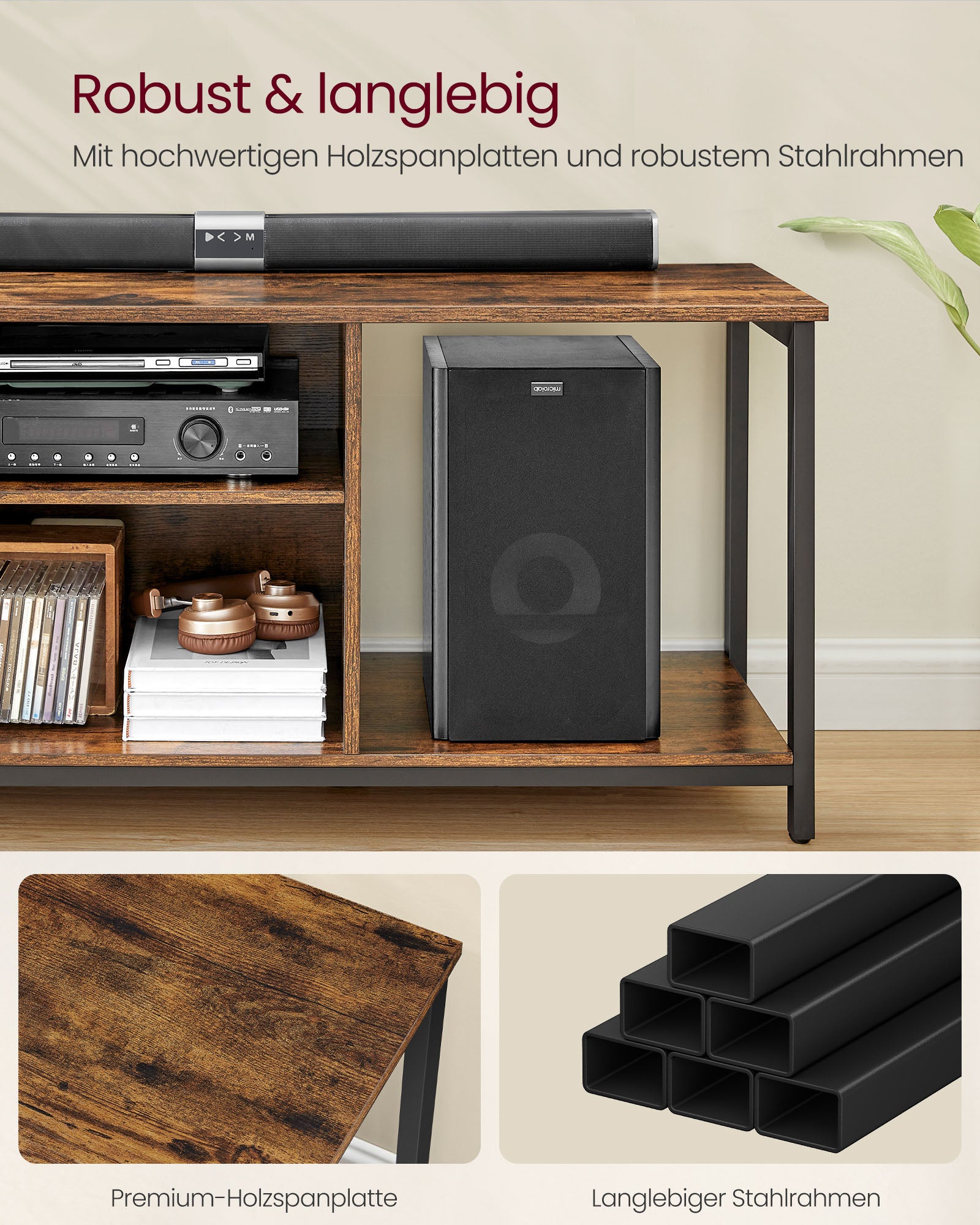 TV-Möbel mit offenen Fächern, die für Fernseher bis zu 65 Zoll möglich sind