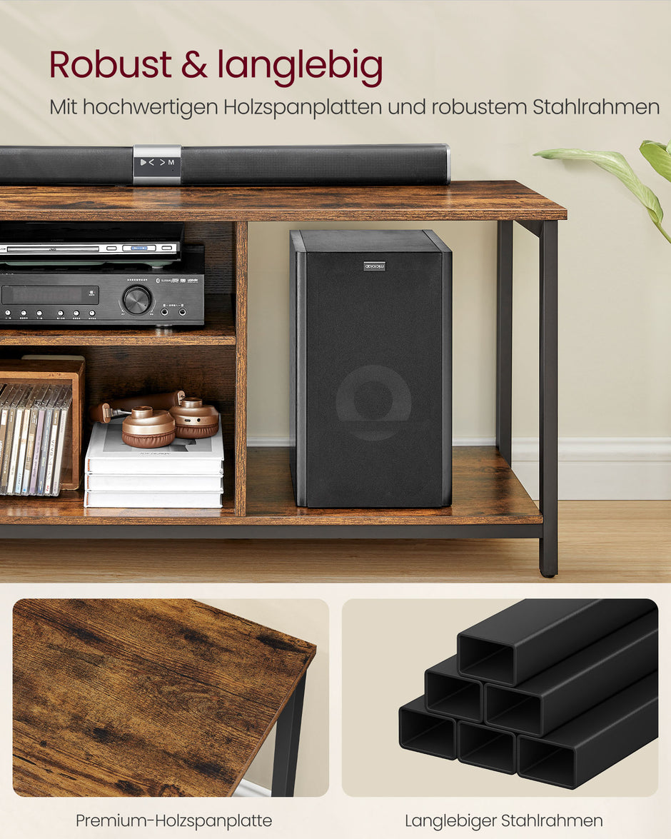 TV-Möbel mit offenen Fächern, die für Fernseher bis zu 65 Zoll möglich sind