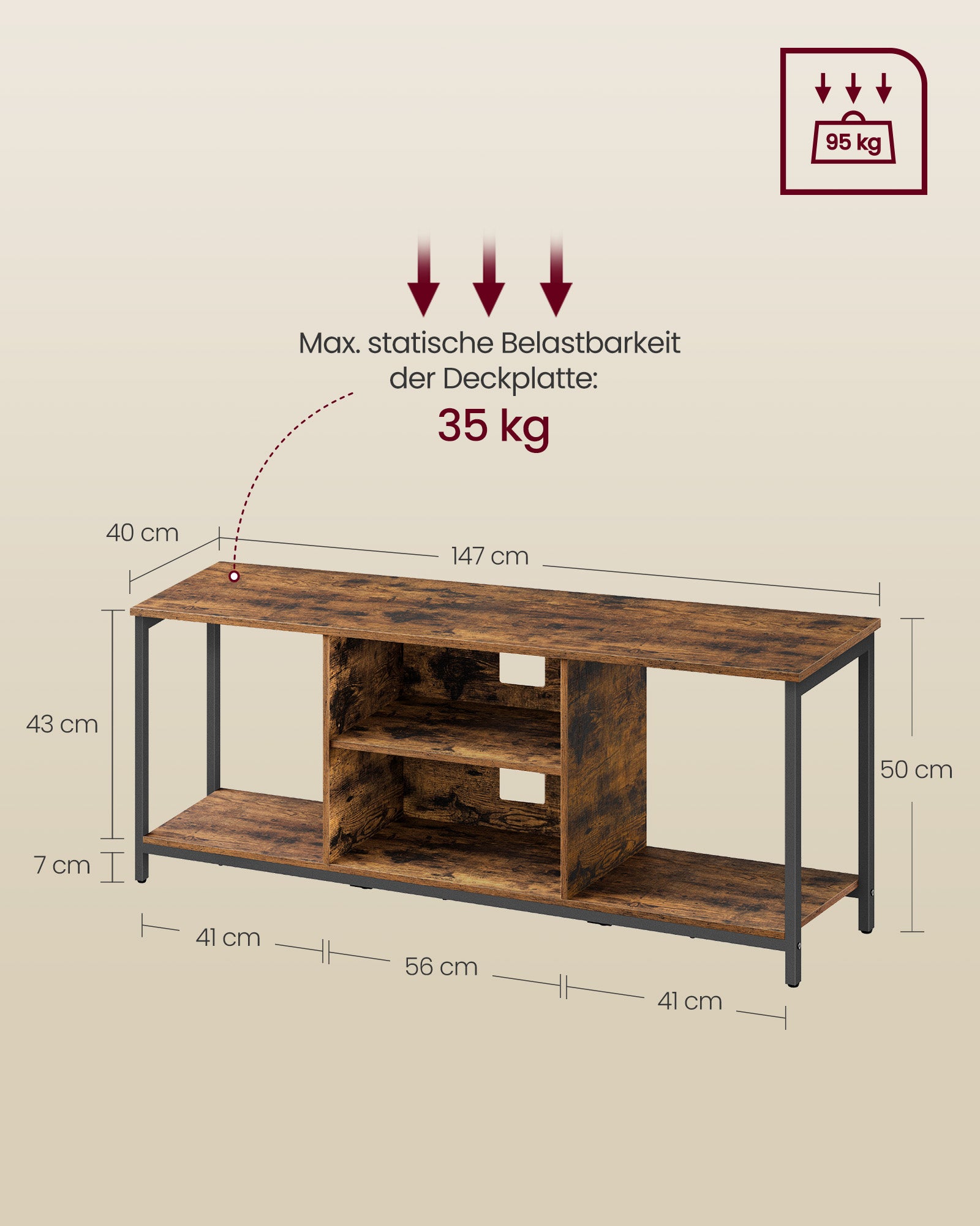TV-Möbel mit offenen Fächern, die für Fernseher bis zu 65 Zoll möglich sind